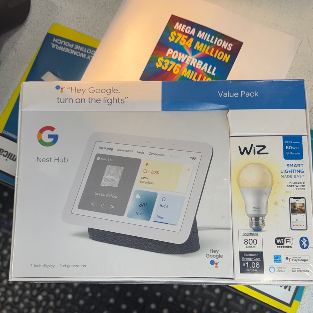 Google Nest Hub with Wiz Smart Bulb - White and Black